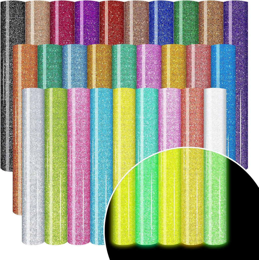Glitter HTV Heat Transfer Vinyl 28 Sheets 12×10in Iron on Vinyl | Blue/Silver/Gold,Glitter Patterns,Wash No Fade,Easy