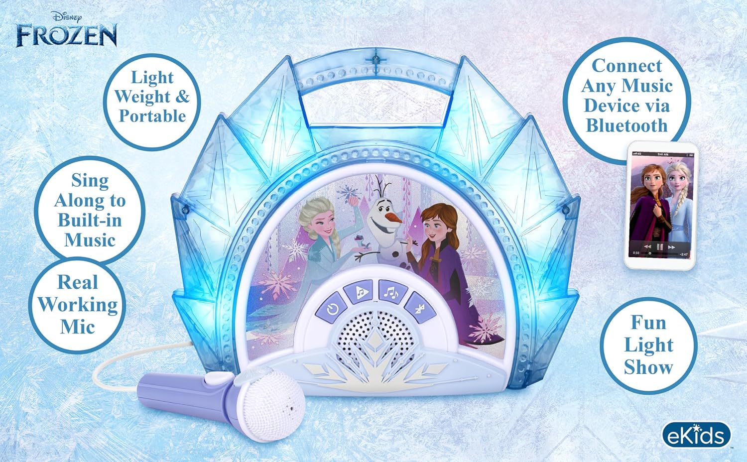 Disney Frozen Karaoke Microphone with Bluetooth Speaker for Fans of Disney Toys, Kids Karaoke Machine with Built in