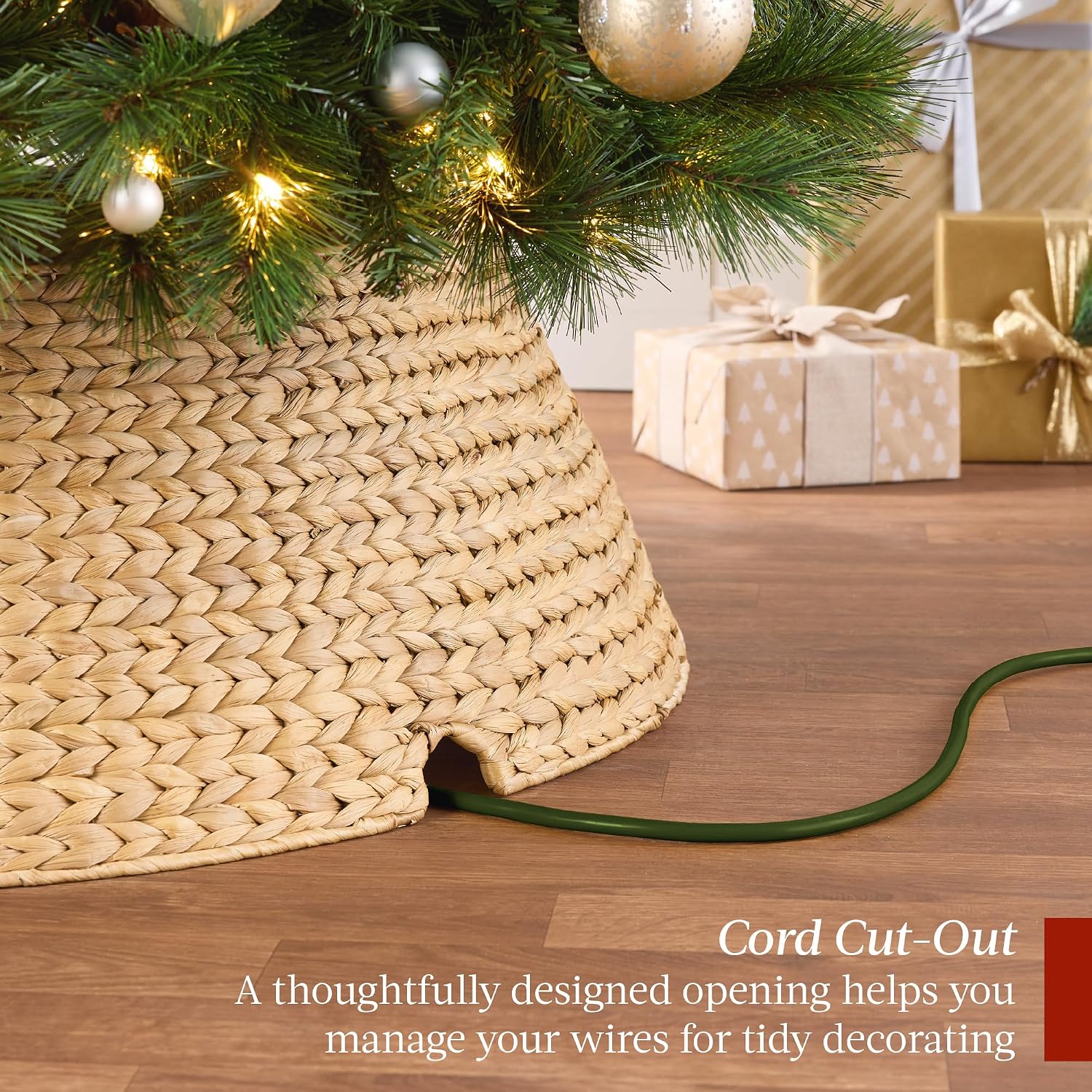 36in Christmas Tree Collar, Woven Hyacinth 3-Piece Holiday Rattan Tree Skirt Accessory for Home w/Cord Cut-Out - Natural