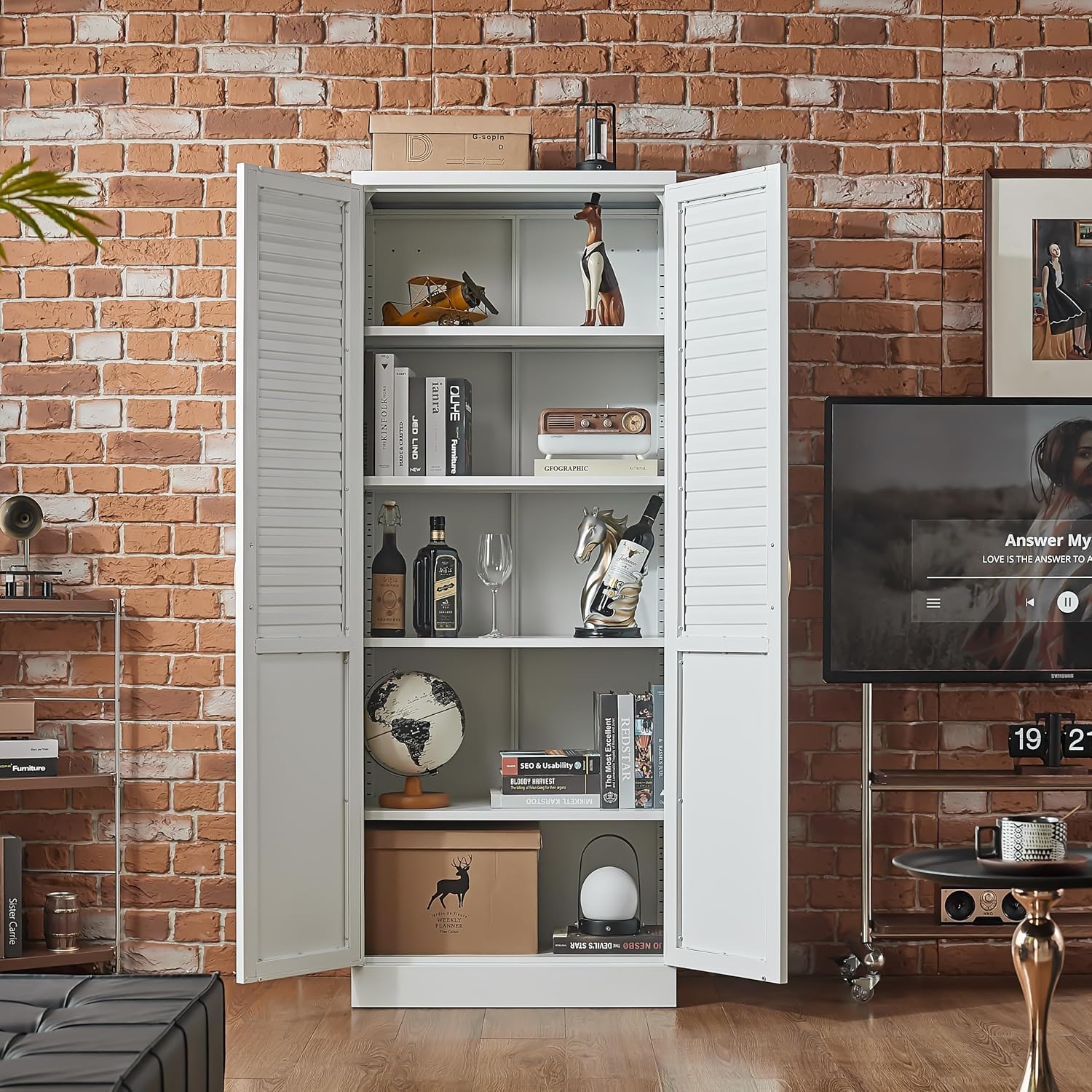 Metal Pantry Cabinet with 4 Adjustable Shelves for Kitchen Storage | Seamless One-Piece Louver Door with