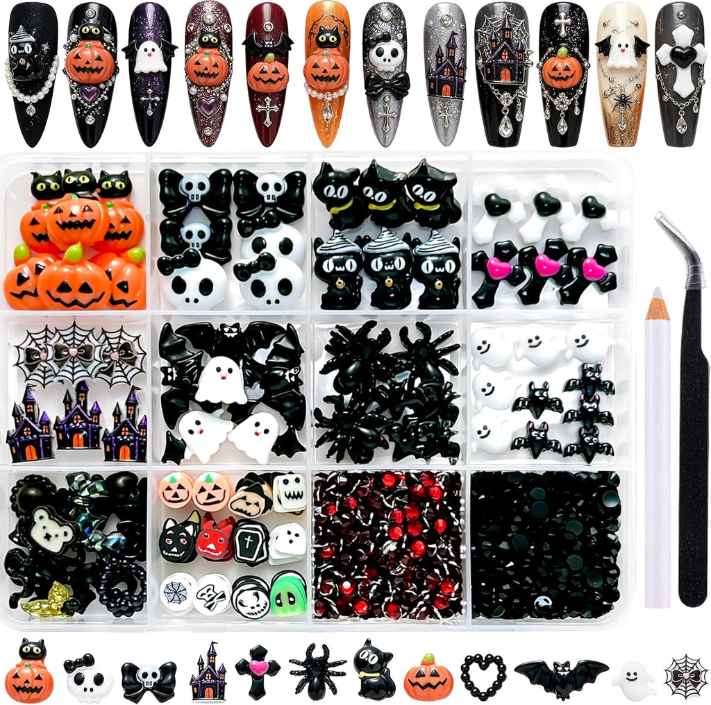 12 Grids Halloween Nail Charms 3D Gothic Flatback Pumpkin Ghost