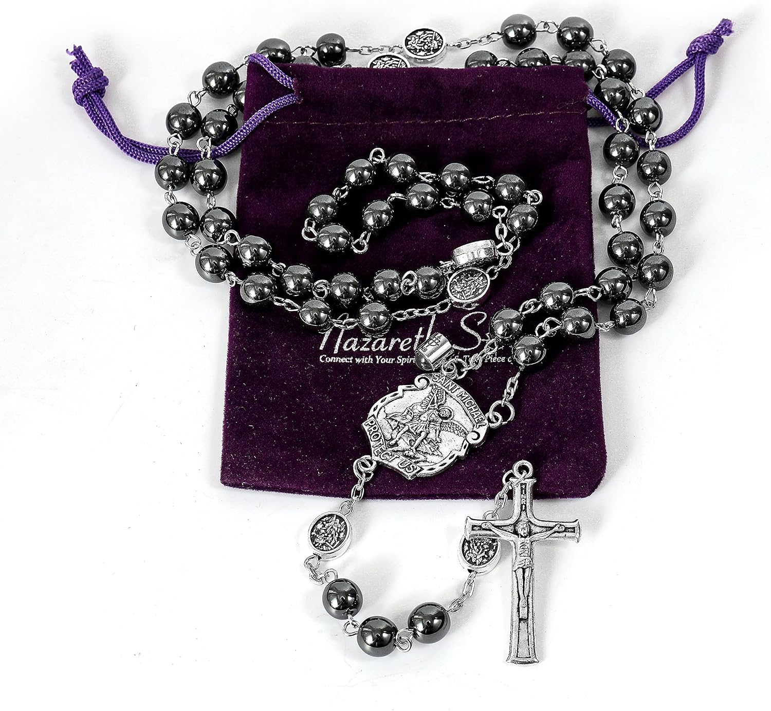Nazareth Store Hematite Rosary Black Stone Beads Necklace Projection Our Father Prayer Medal with St. Michael