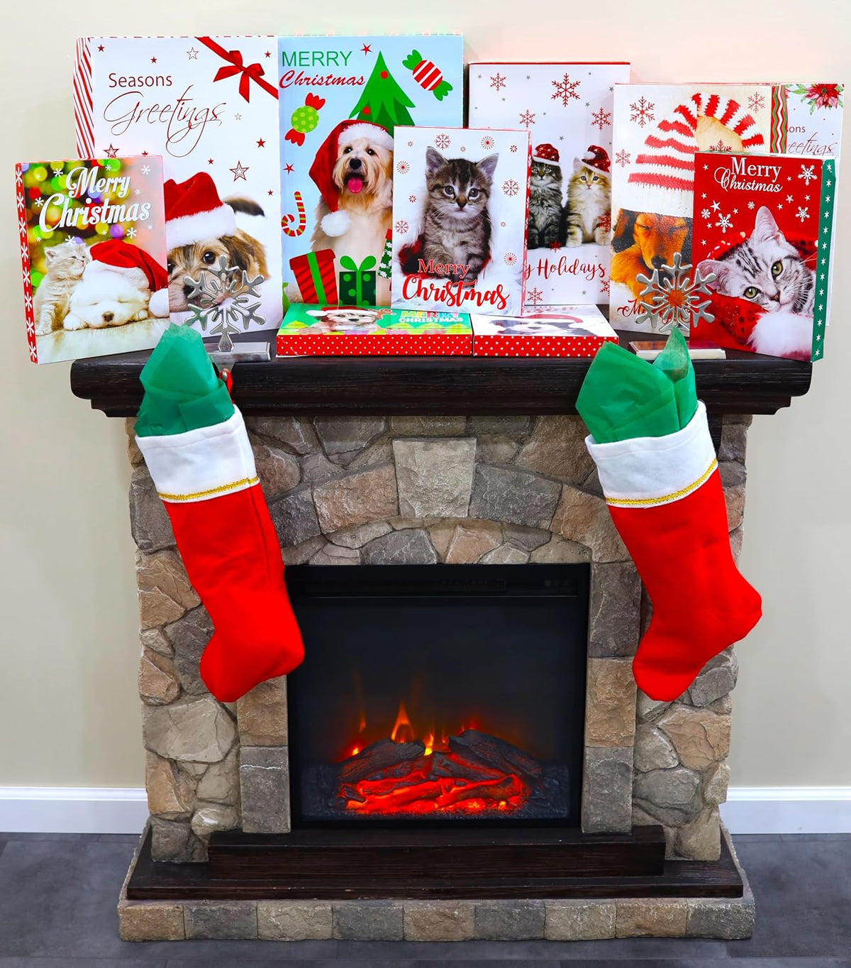 10-Pack Printed Christmas Gift Boxes, 3-Sizes, Santa Paws Animals Pets Cats Dogs Design