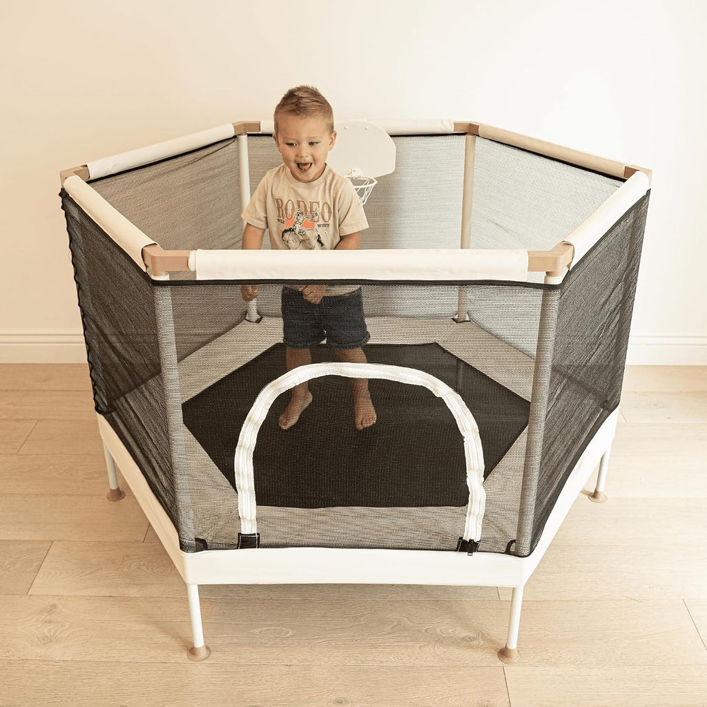 Kids Trampoline, Aesthetic Indoor and Outdoor Toddler Trampoline with Safety Net, Basketball Hoop, 220lb Capacity