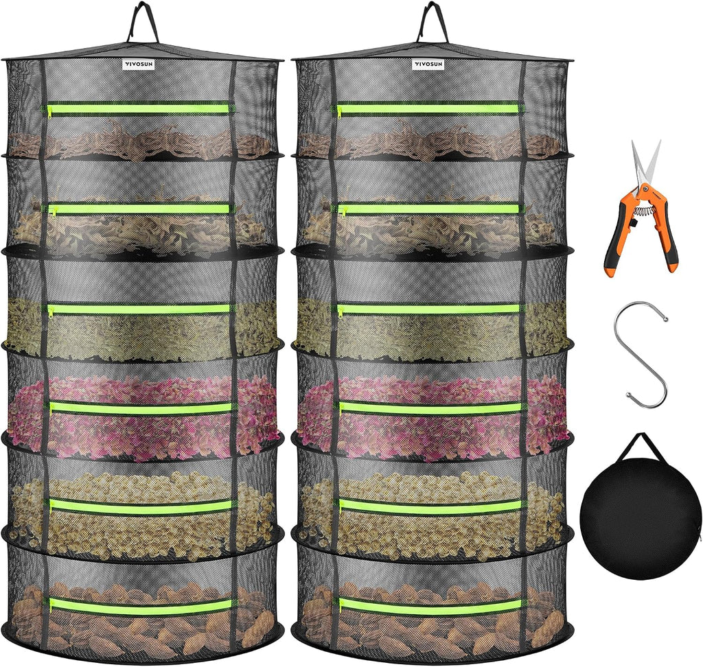 2-Pack 6-Layer Mesh Drying Rack Hanging Design with Green Zippers for Dehydrating, Indoor and Outdoor (Pruning Shears