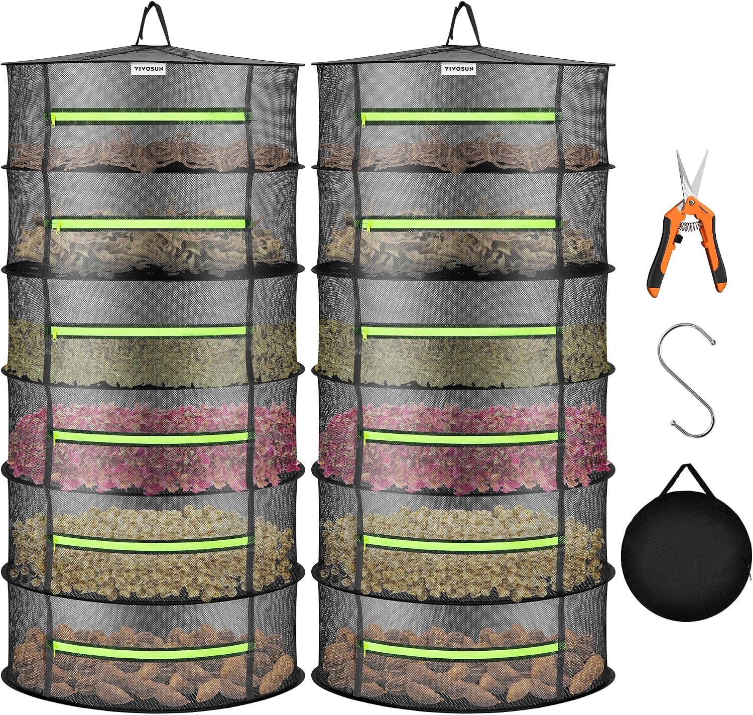 2-Pack 6-Layer Mesh Drying Rack Hanging Design with Green Zippers for Dehydrating, Indoor and Outdoor (Pruning Shears