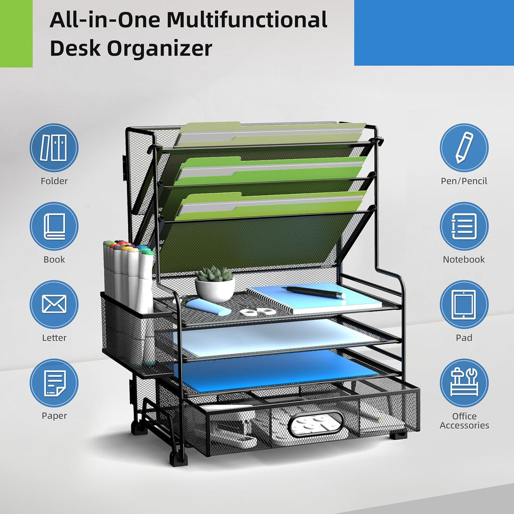 4-Tier Paper Organizer + 3-Pocket File Holder + Drawer + Pen Holders, Desktop File Organizers Paper Tray for Office