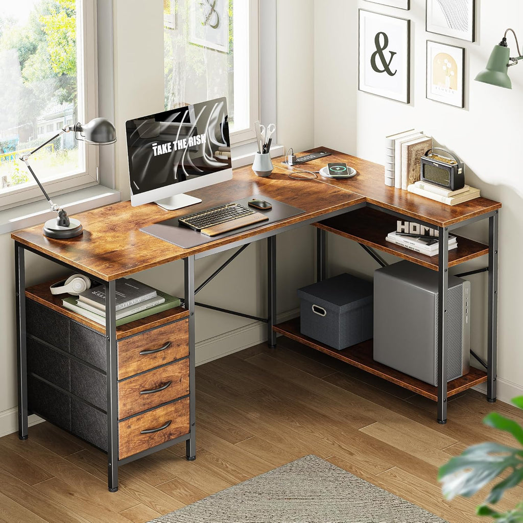 L Shaped Office Desk with Power Outlets, 47 Inch Computer Desk with 3 Drawers, Shelves