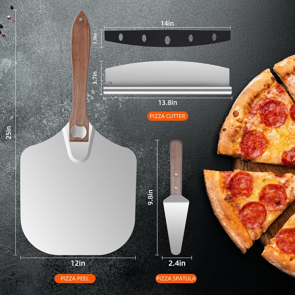 Aluminum Pizza Peel 12x14" With Foldable Wooden Handle - Metal Paddle, Rocker Cutter, and Server for Pizza Oven