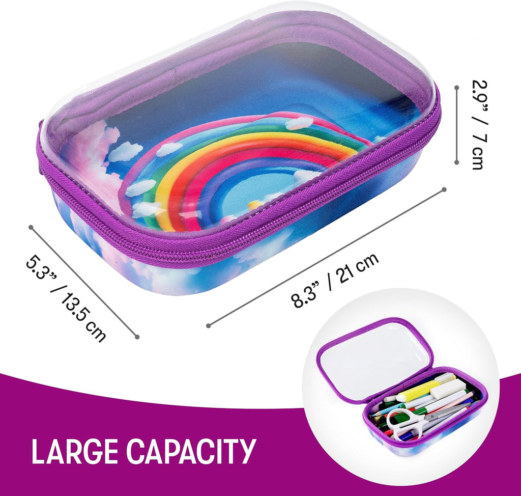 Clear Top Pencil Case for Girls, Large Pencil Box for School, Rainbow | Sturdy hard shell pencil box for kids