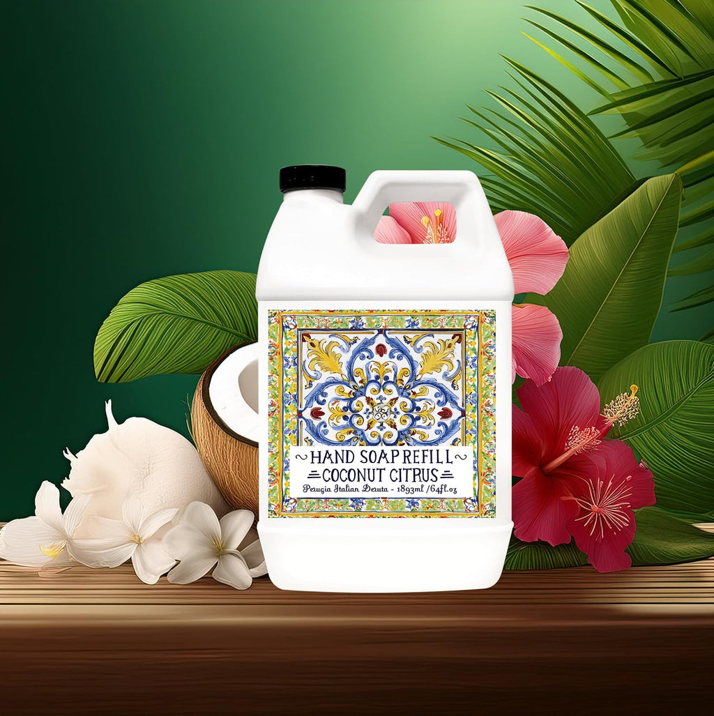 Perugia Italian Deruta Hand Soap Refill Set, White Jasmine and Coconut Citrus Scents, 64 Fl Oz Bottles, 2-Pack