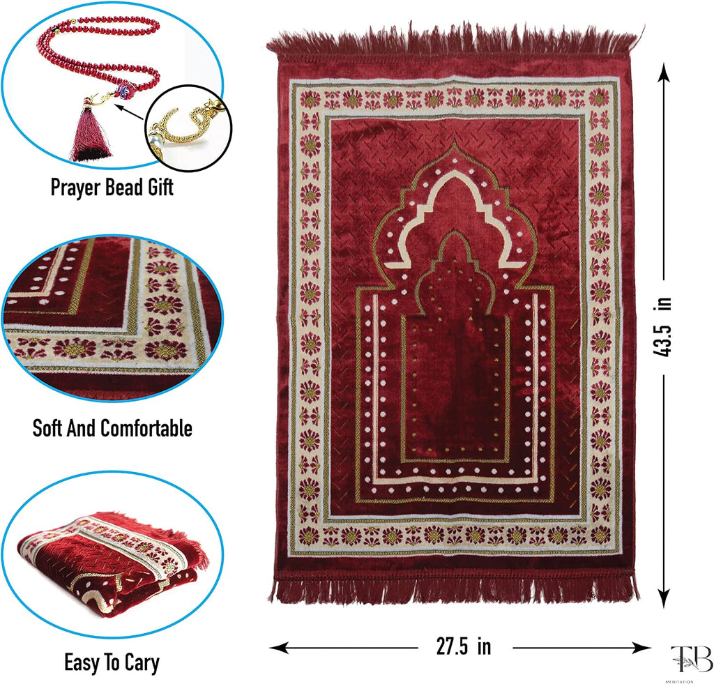 TB Islamic Prayer Rug Plush Soft Velvet Muslim Mat Unique Arabic Turkish African Embroidered Design Prayer Bead Daily