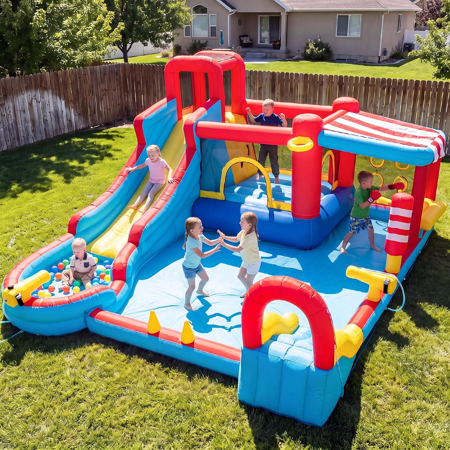 Bounce House Water Slide,18 in 1 Inflatable for Kids | Outdoor Water Park Bouncy House with Dual Slide,Big Splash