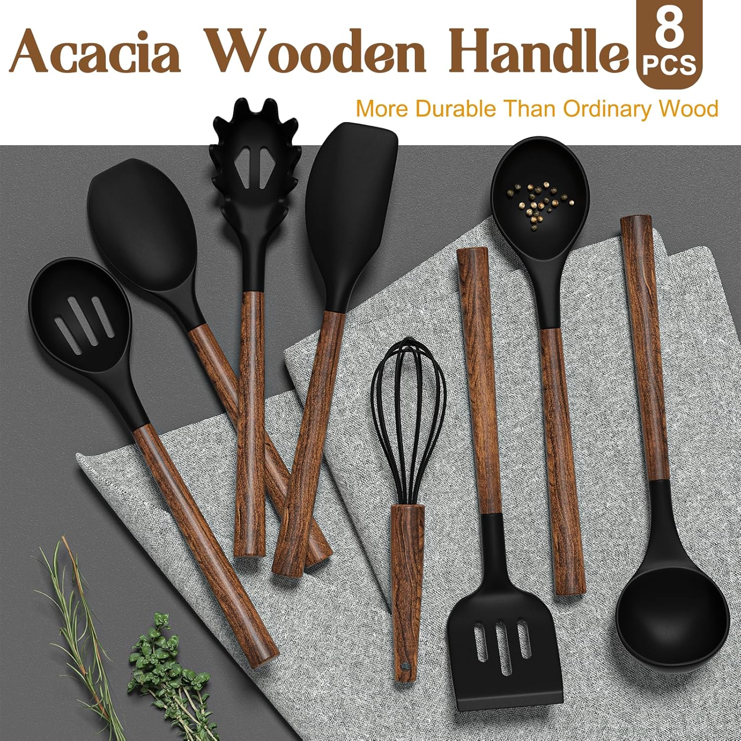 Silicone Cooking Utensil Set, Umite Chef 8-Piece Kitchen Utensils Set with Natural Acacia Wooden