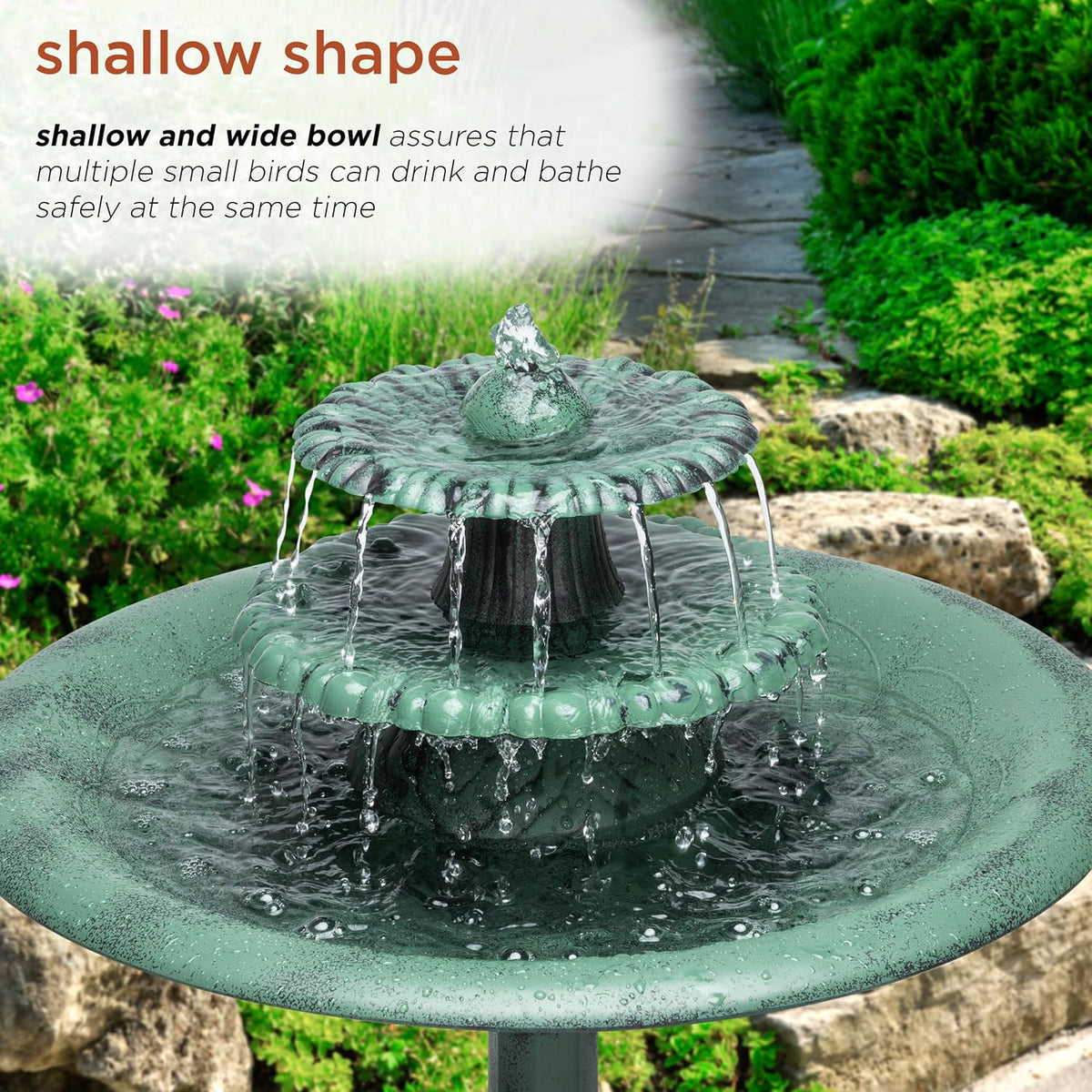 35" Tall 3-Tier Outdoor Pedestal Water Fountain – Durable Resin Cascading Water Feature and Birdbath for Garden