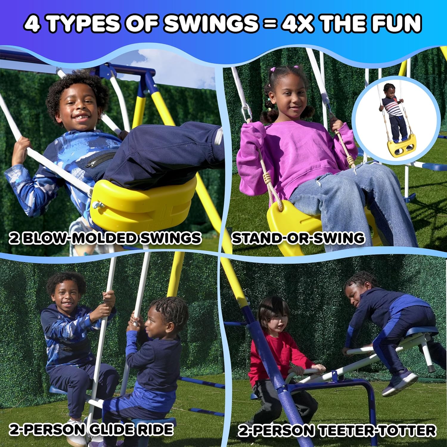 Royal Fun Metal Swing Set for Kids Ages 3-8 with 2 Swings, Standing Swing, Glider, Teeter-Totter & 5FT Slide, Anchor