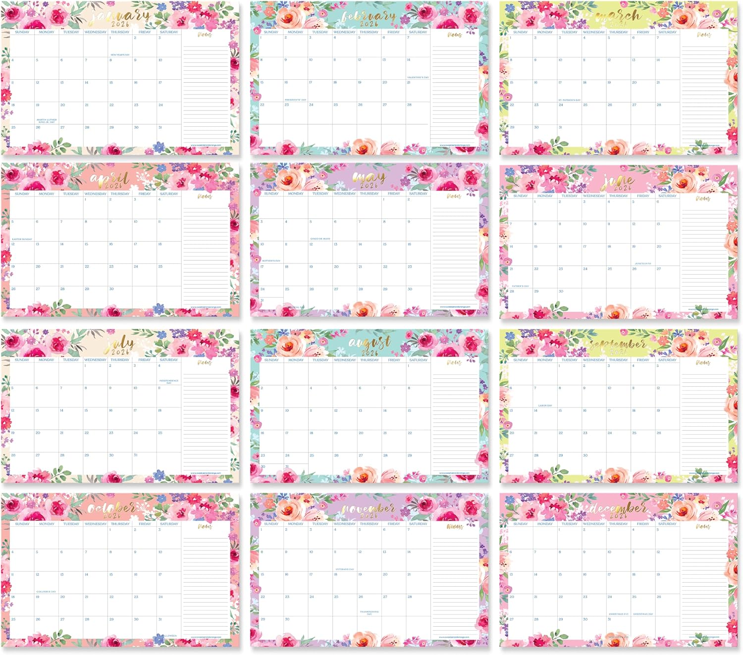 S&O Watercolor Floral Large Desk Calendar from January 2026 to June 2027 - Tear-Away Table Calendar 2026-2027