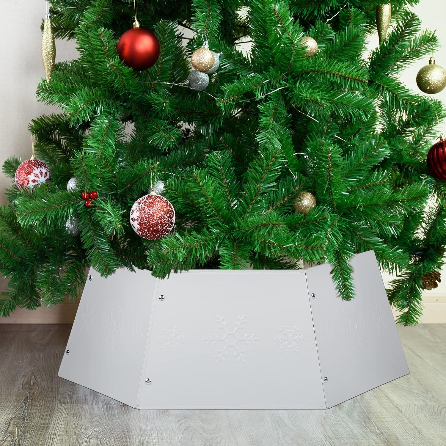 Metal Christmas Tree Ring, Christmas Tree Collar with Printed Snowflake, Christmas Tree Skirt Base Stand for