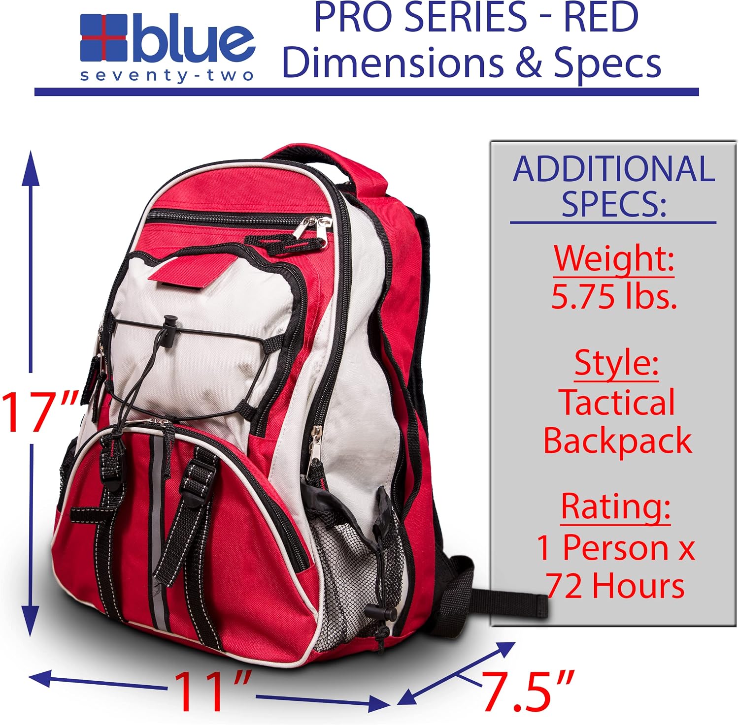 Blue Seventy-Two - Pro Series - Red Deluxe 72 Hour Emergency Backpack Survival Kits for 1 Person | Survival Kits for