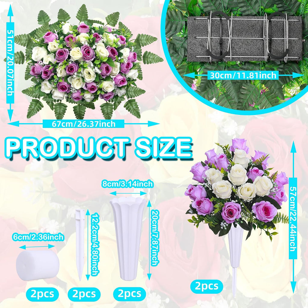 Artificial Cemetery Flower Saddles, Cemetery Memorial Flowers with Vase,Outdoor Grave Saddle Headstone Decorations