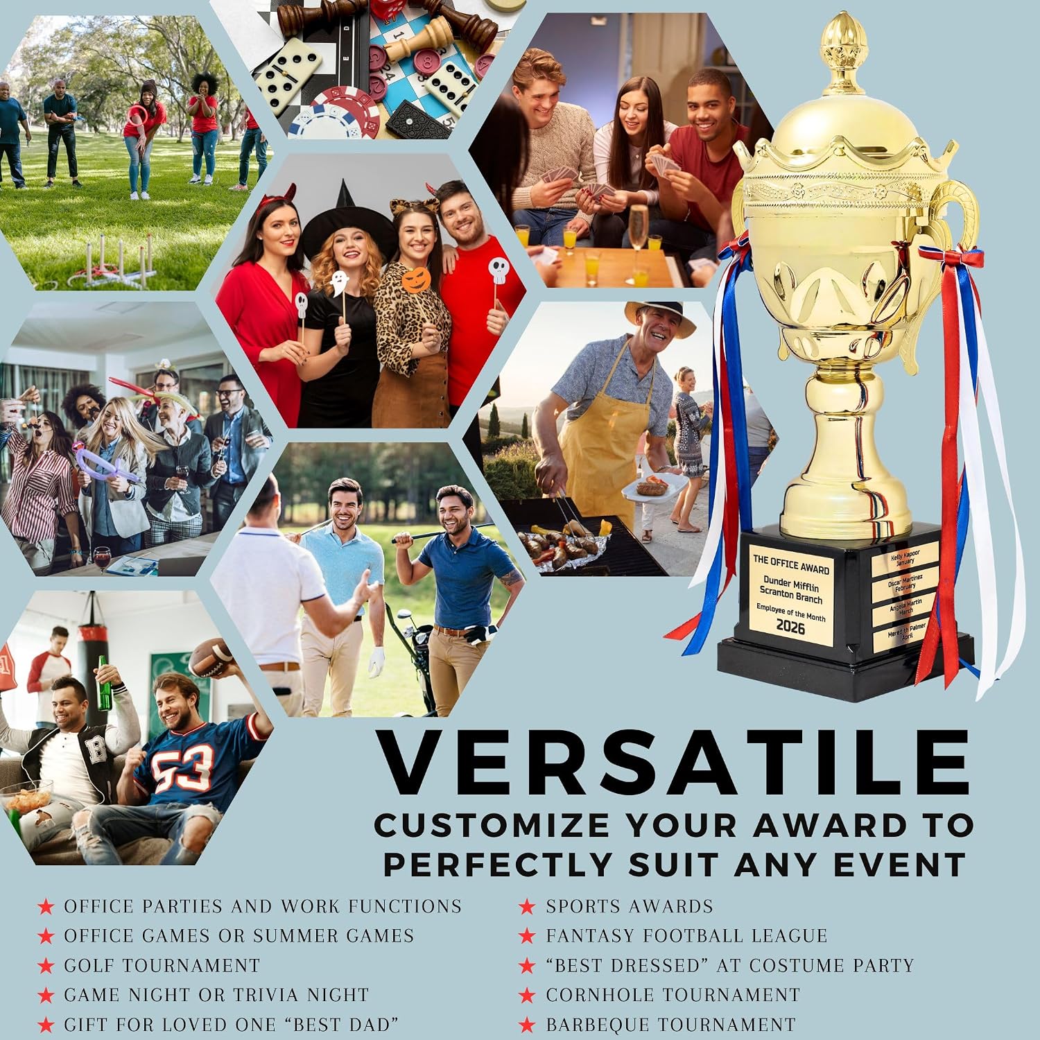 Large Gold Metal Trophy Cup, with Custom Engraved Name Plates, Traveling Perpetual Corporate Award, 15.75 Inch Tall