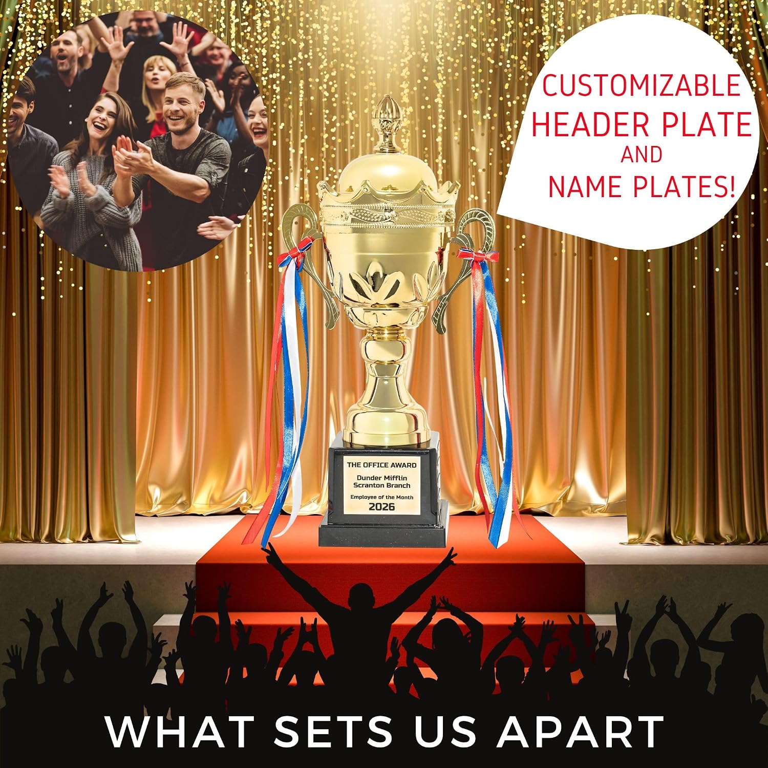 Large Gold Metal Trophy Cup, with Custom Engraved Name Plates, Traveling Perpetual Corporate Award, 15.75 Inch Tall