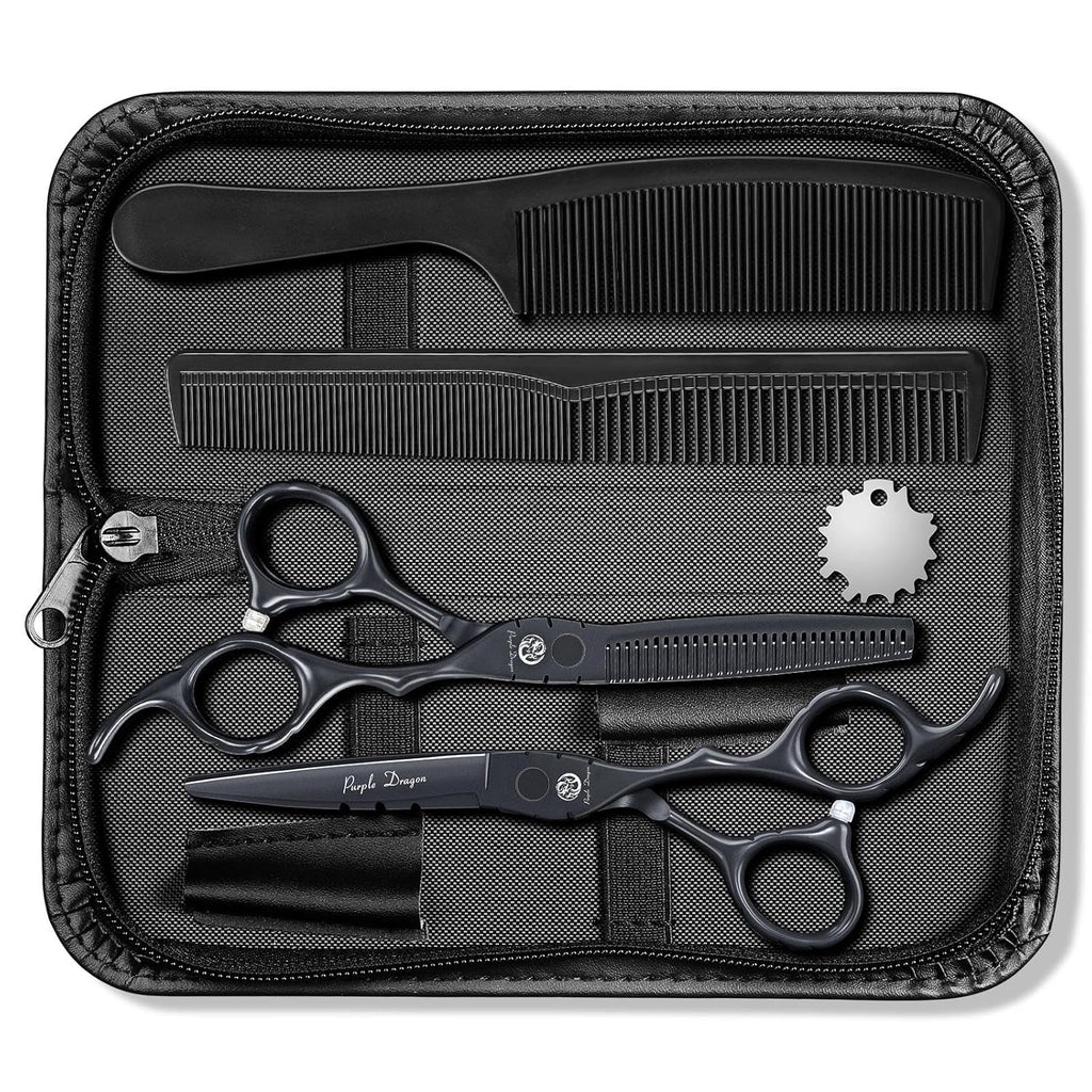 6 inch Hair Cutting Shears Set with Bag for Barbers - Black | Japanese 440C Steel Hairdressing Scissors, Straight &