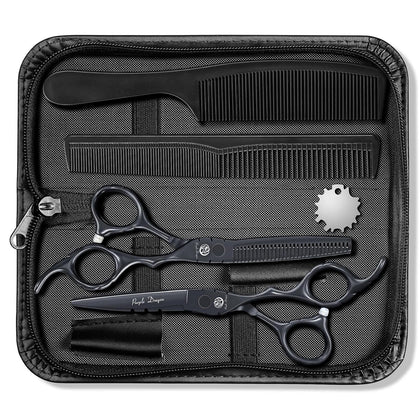 6 inch Hair Cutting Shears Set with Bag for Barbers - Black | Japanese 440C Steel Hairdressing Scissors, Straight &