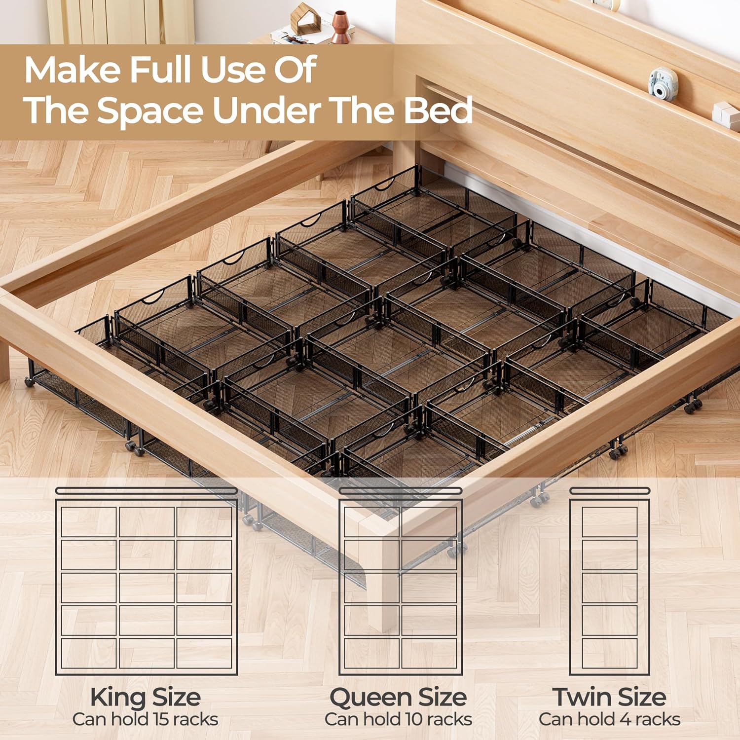 Under Bed Storage with Wheels, 4 Pack Under Bed Shoe Storage Organizer Drawer, Tool-free Assembly Metal Underbed