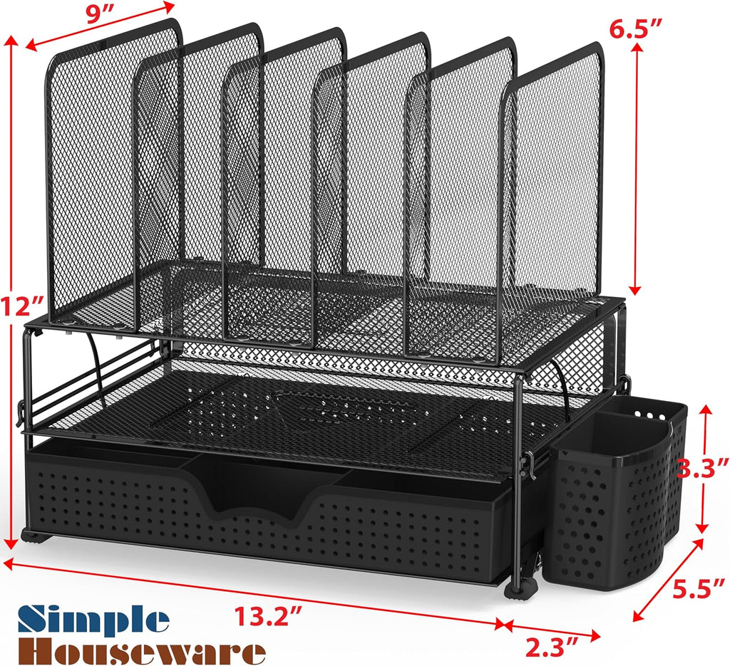 Mesh Desk Organizer with Sliding Drawer, Double Tray and 5 Upright Sections, Black