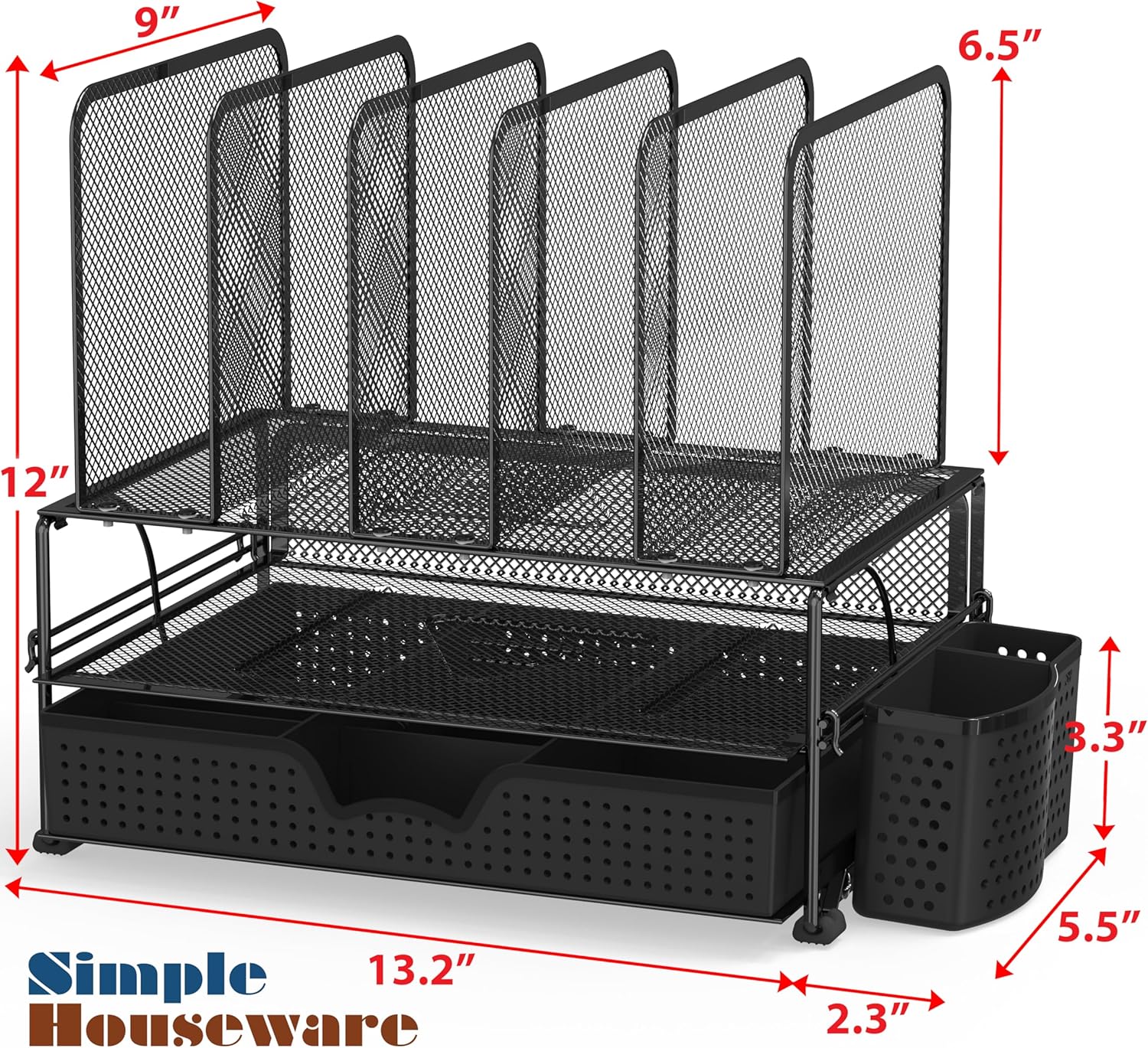 Mesh Desk Organizer with Sliding Drawer, Double Tray and 5 Upright Sections, Black