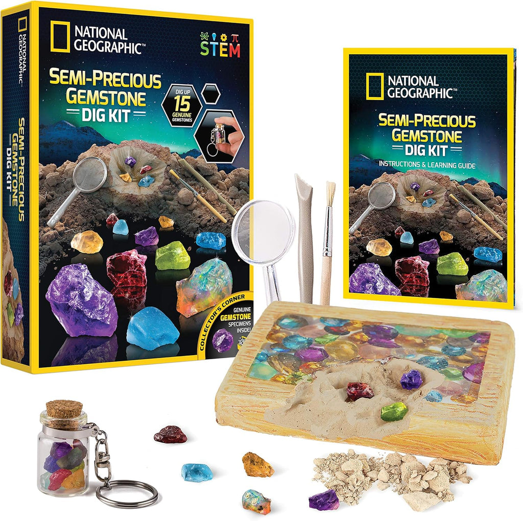 National Geographic Semi-Precious Gemstone Dig Kit for Kids - 15 Real Gems Including Amethyst, Garnet, Opal, Blue