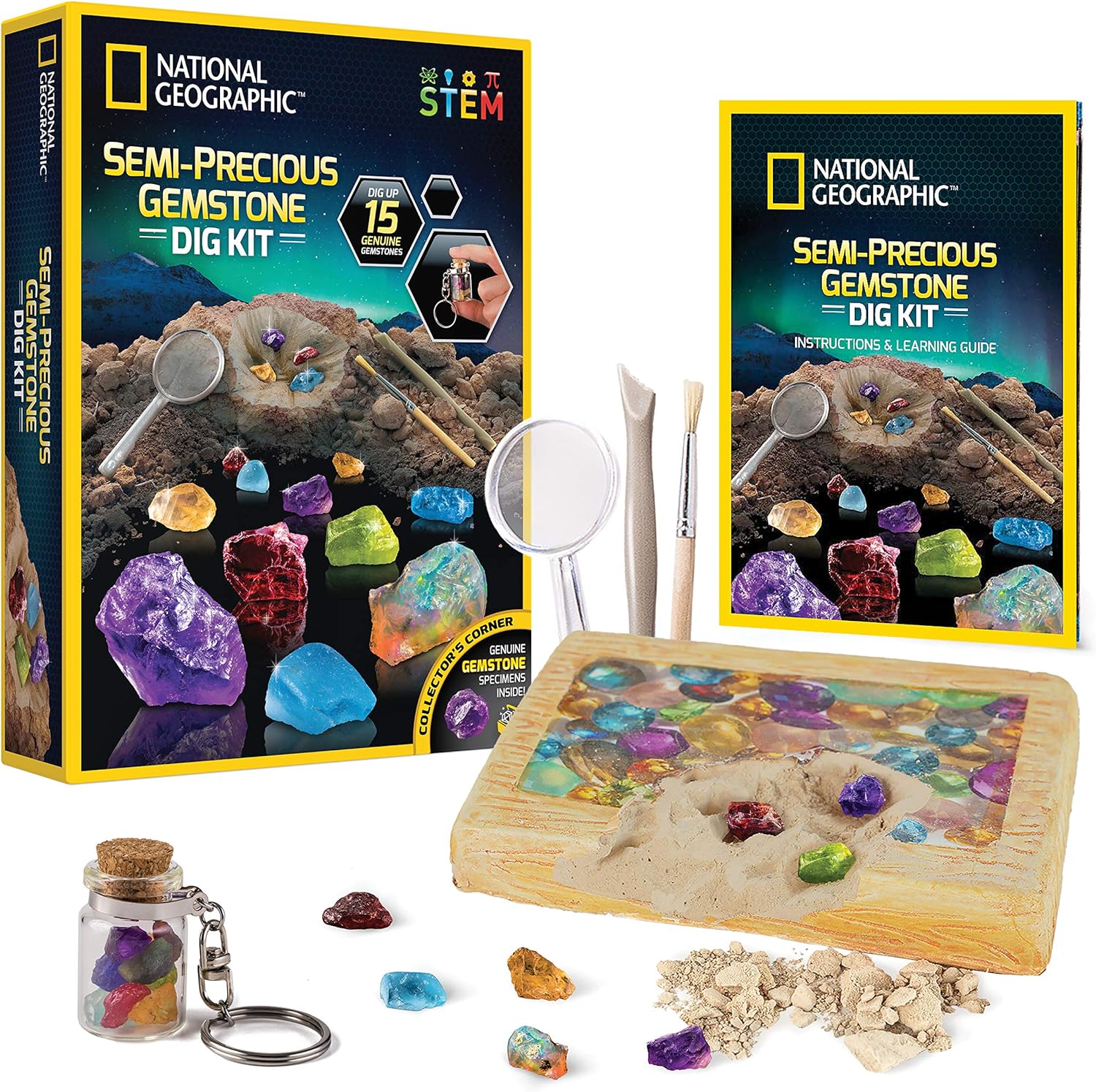 National Geographic Semi-Precious Gemstone Dig Kit for Kids - 15 Real Gems Including Amethyst, Garnet, Opal, Blue
