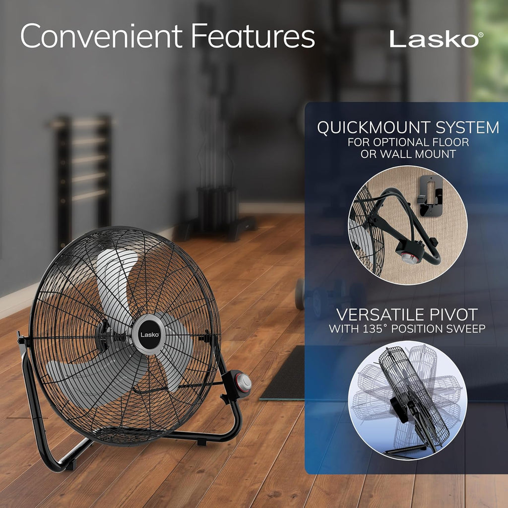Lasko High Velocity Wall Mount and Floor Fan - 20" - 2264QM - Black