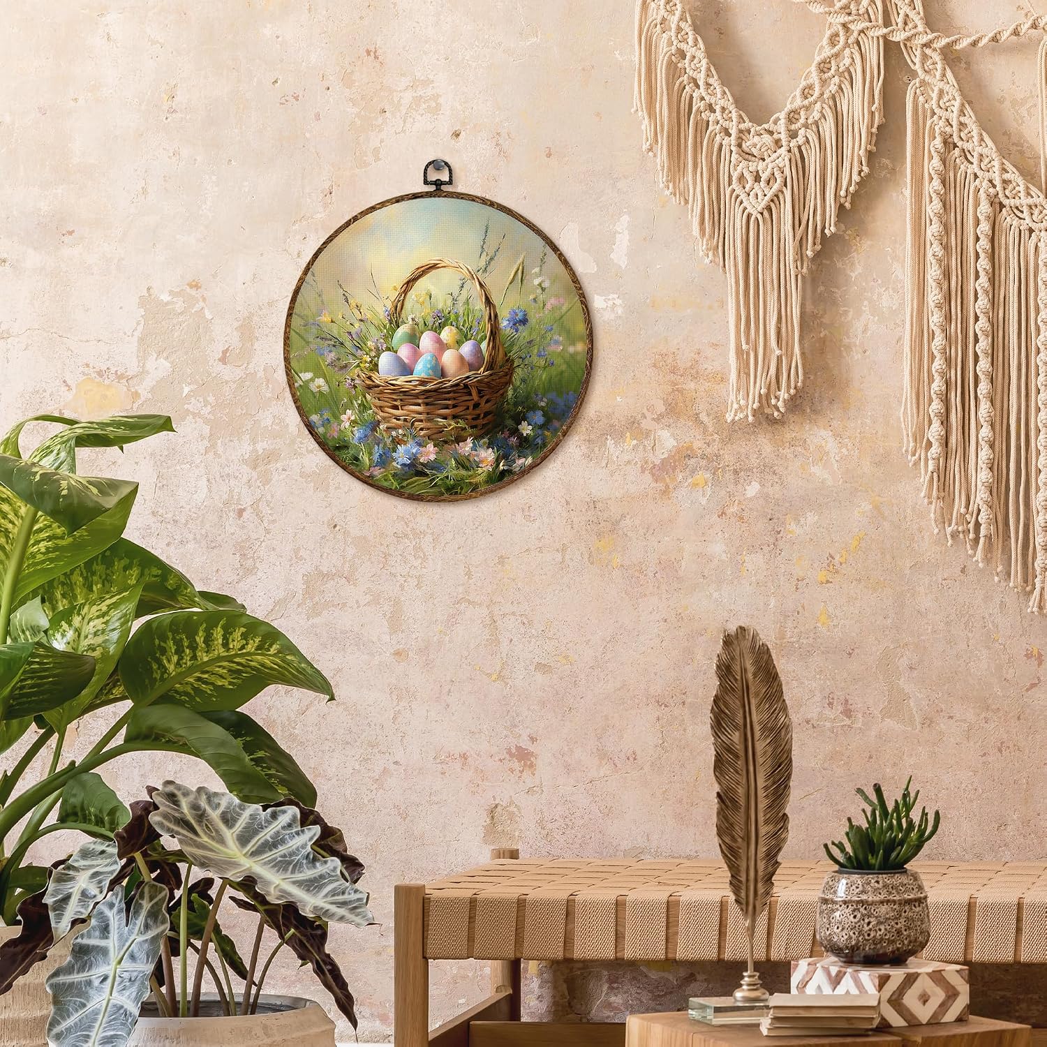 Vintage Easter Eggs Round Wall Art Decor, Spring Farmhouse Canvas Artwork Framed, Rustic Wildflower Easter Egg in