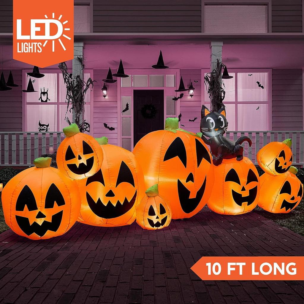 10 FT Long Halloween Inflatables Outdoor Decorations, Blow Ups Inflatable Pumpkin for Yard with Witch's Cat, 8 Pcs