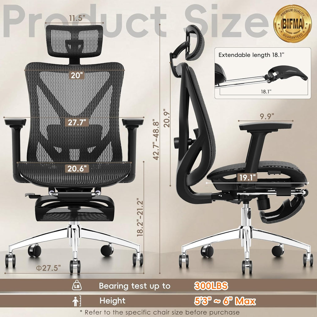 Ergonomic Office Chair with Footrest, 135° Reclining Desk Chair with Adjustable Lumbar Support,3D Armrest,Headrest &
