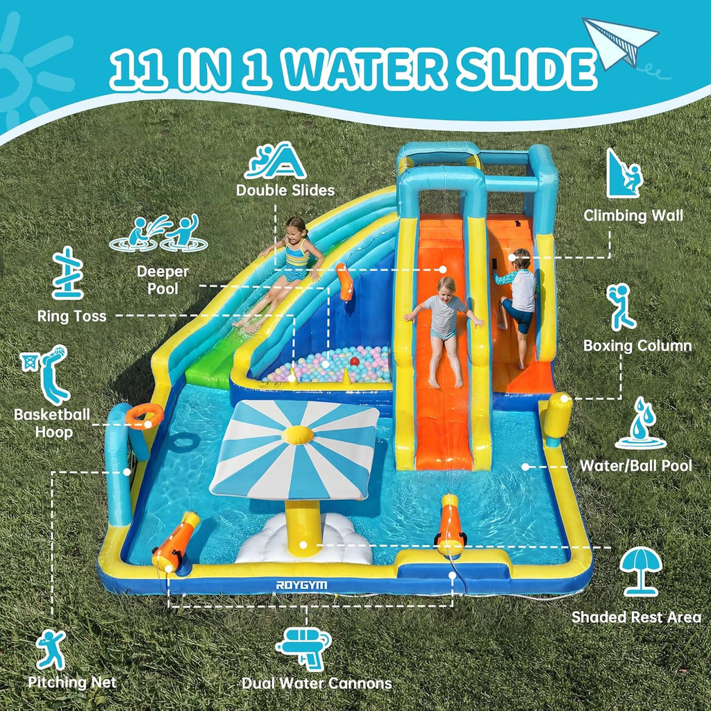 Inflatable Water Park for Kids, 16.4 ft × 14.1 ft Large Backyard Water Slides with Dual Slides, Dual Water Guns &