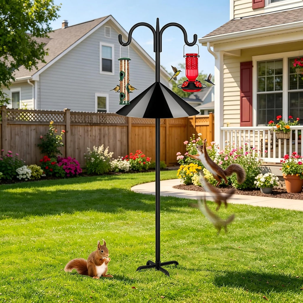 Heavy Duty Shepherds Hook Squirrel-Proof Bird Feeder Pole 92" Double Hooks 5-Prong Base & 19" Baffle for Outdoor