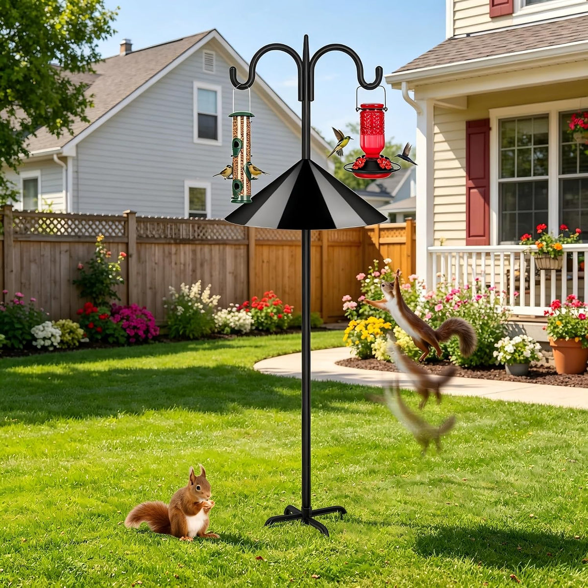 Heavy Duty Shepherds Hook Squirrel-Proof Bird Feeder Pole 92" Double Hooks 5-Prong Base & 19" Baffle for Outdoor