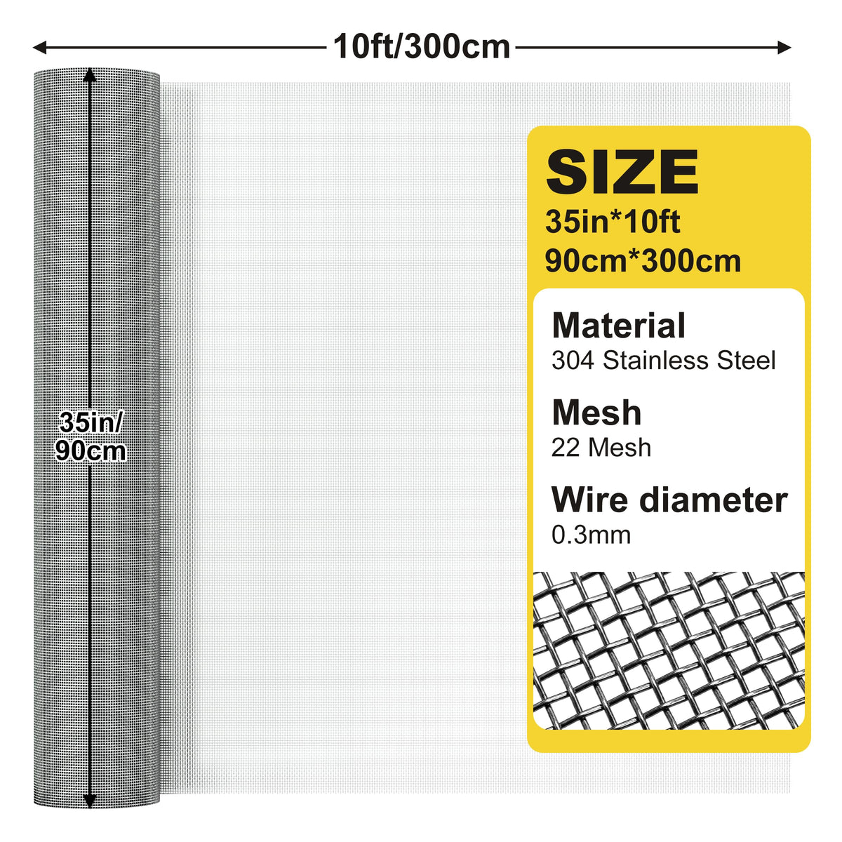304 Stainless Steel Window Screen Wire Mesh Roll, 35" x 10Ft, Silver