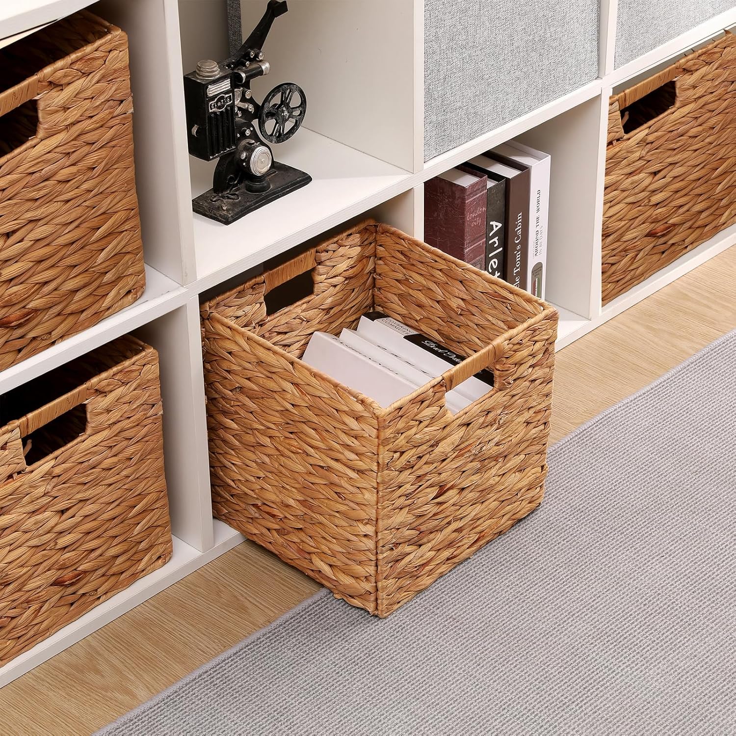 Water Hyacinth Storage Baskets 11x11x11 Inch Wicker Storage Cubes Set of 2Baskets,Handwoven Foldable Wicker Cubes