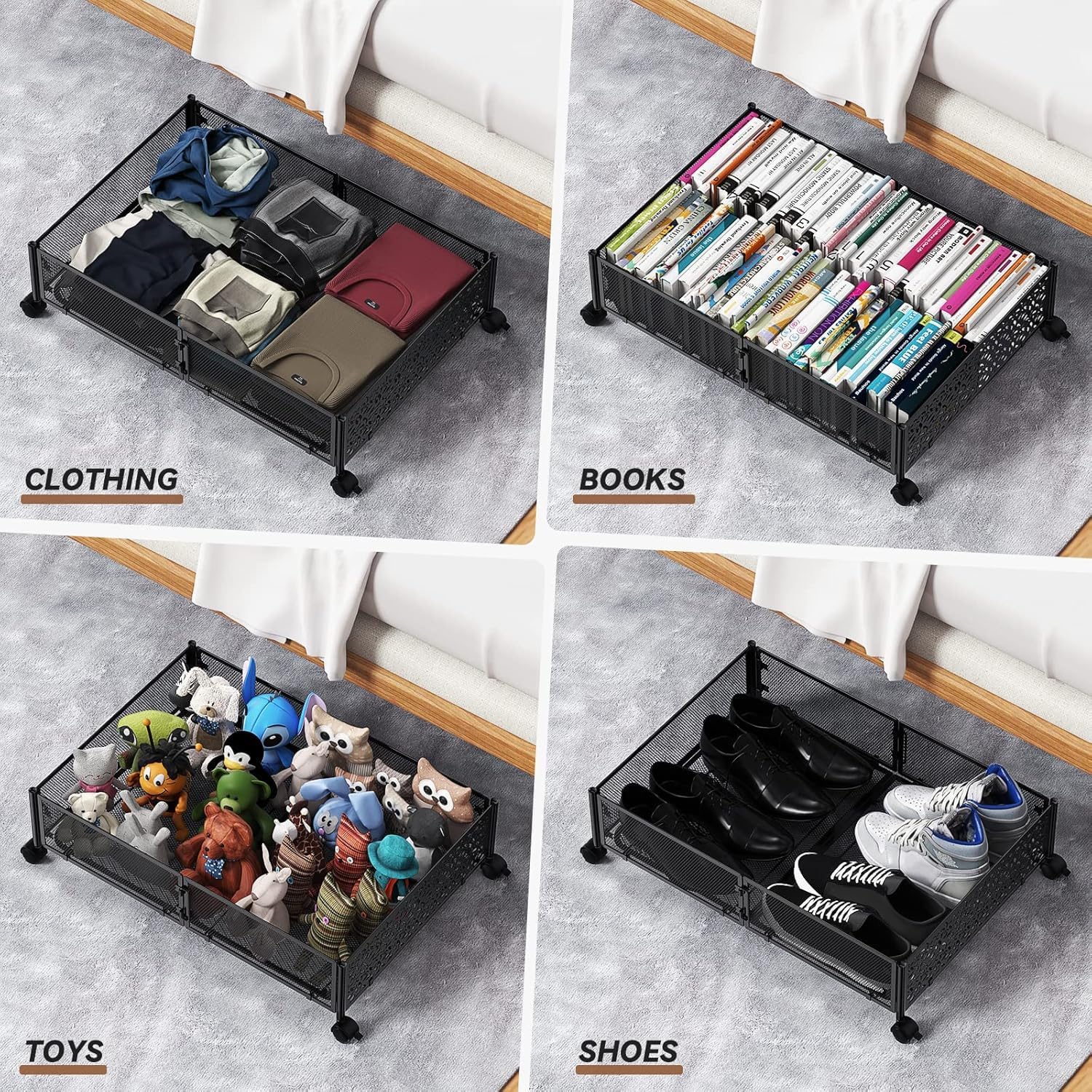 Under Bed Storage Containers with Wheels, Under Bed Shoe Storage Organizer Drawer, Tool-free Assembly Metal Storage