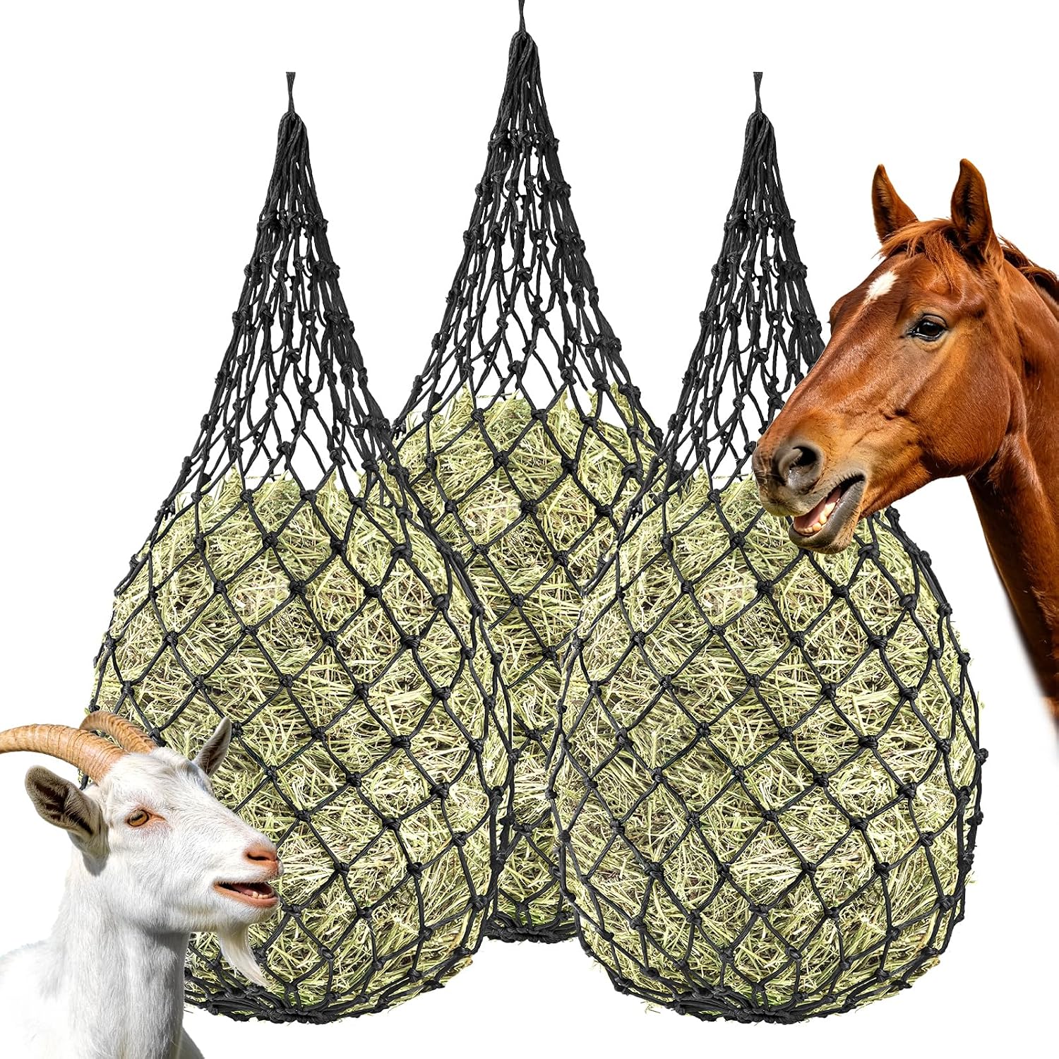 3 Pack Hay Nets for Horses, Slow Feed Hay Bags for Horses Goats with 2.3 Inch Holes, Hanging Hay Feeder for Stable