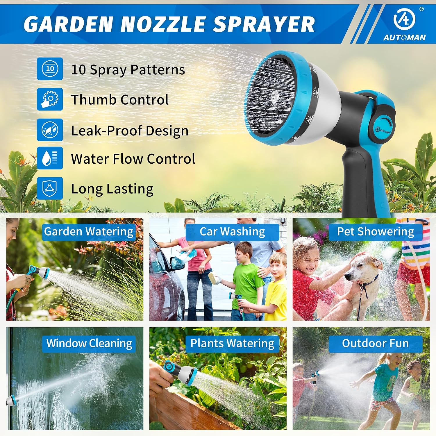 Garden Hose Nozzle - 10 Adjustable Spray Patterns, Thumb Flow Control Hose Sprayer, Water Hose Spray Nozzle for