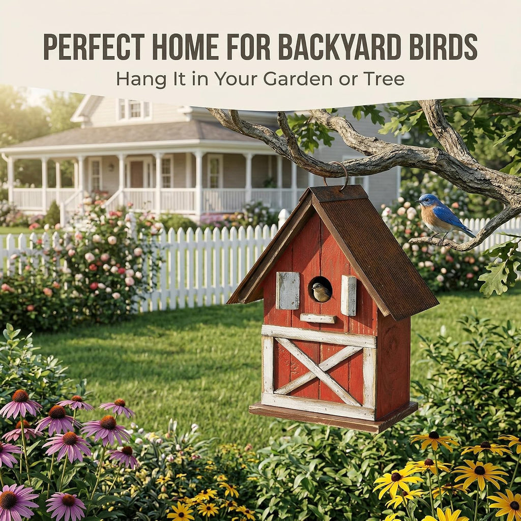 Rustic Barn-Style Wooden Birdhouse, 10.5" Hanging Bird House