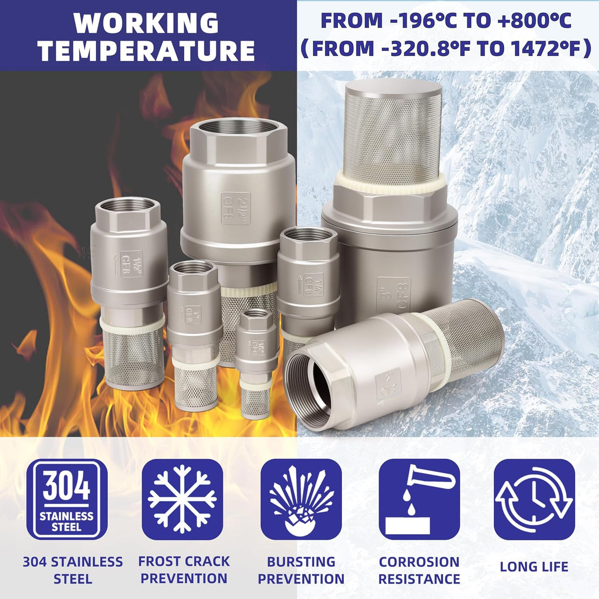 1-1/2" NPT Foot Valve with Filter, Stainless Heavy Duty Female Thread, DN40