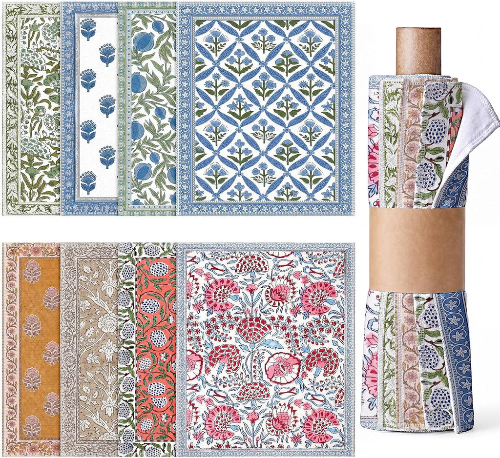 24 Pack Reusable Paper Towels Washable Cloths, Indian Block Print