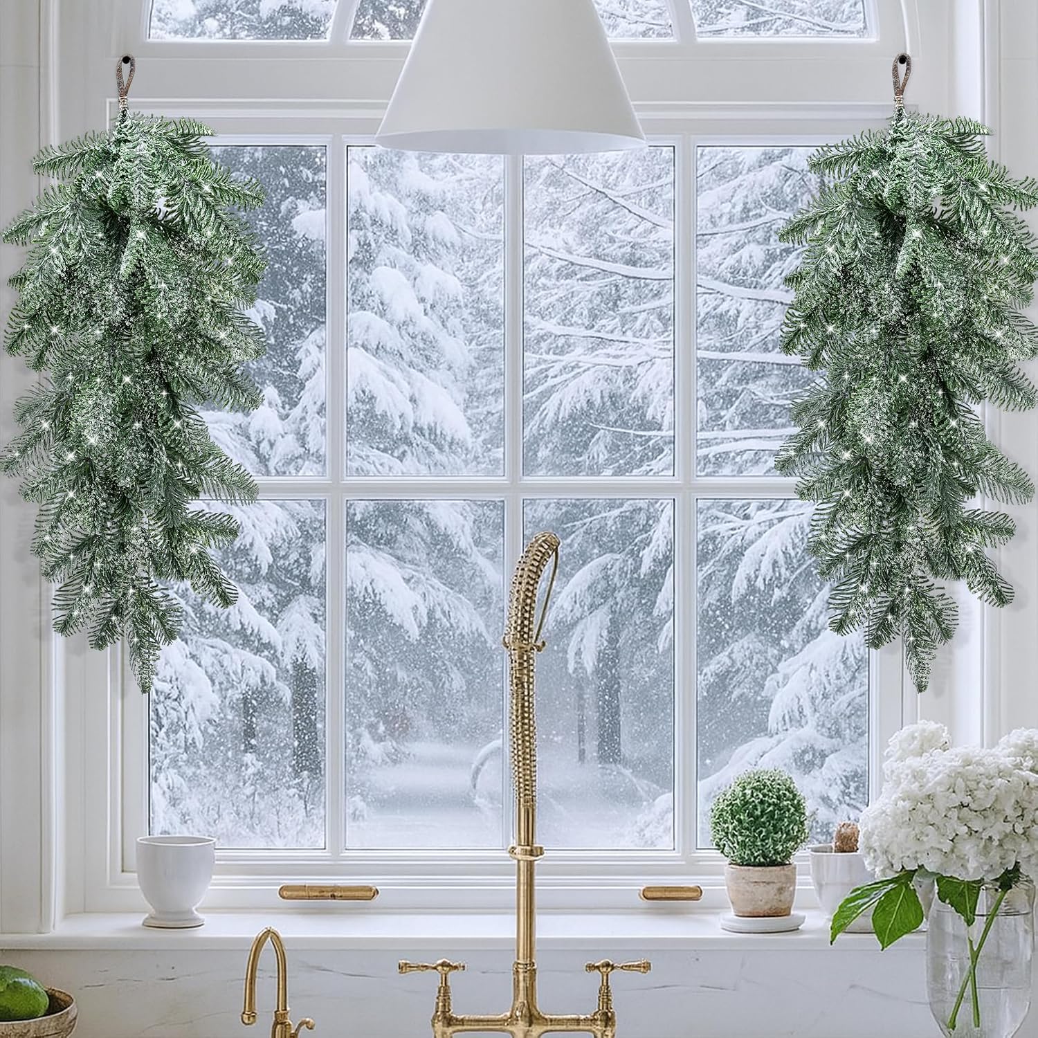 4 Pcs Artificial Christmas Snow Teardrop Swag, 23" Faux Snow Flocked Norfolk Pine Teardrop Door Swag, White Frosted