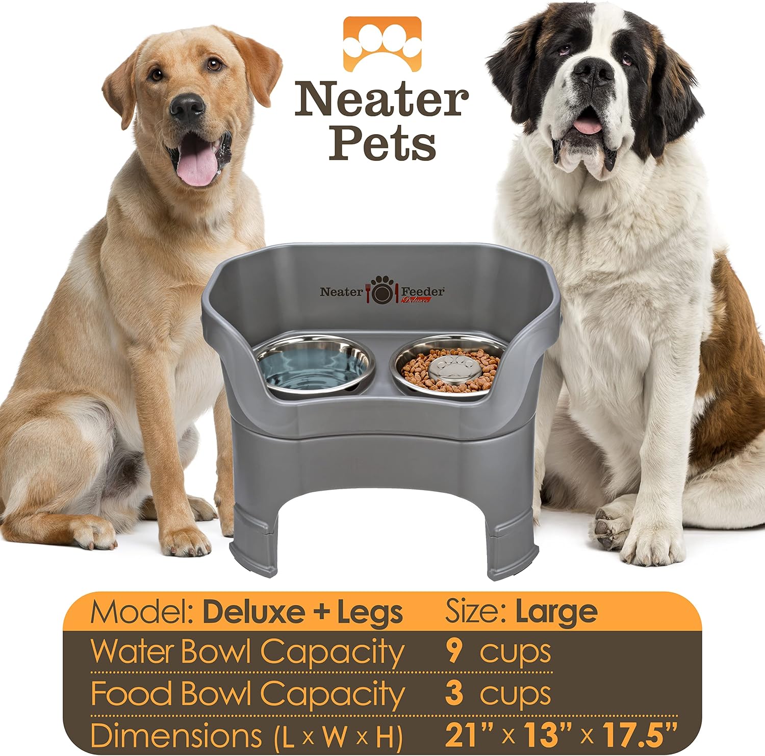 Neater Feeder Deluxe Mess-Proof Elevated Dog Bowls for Large Dogs (40+ lbs), 2 Height Adjustable (14.5” & 17.5”)